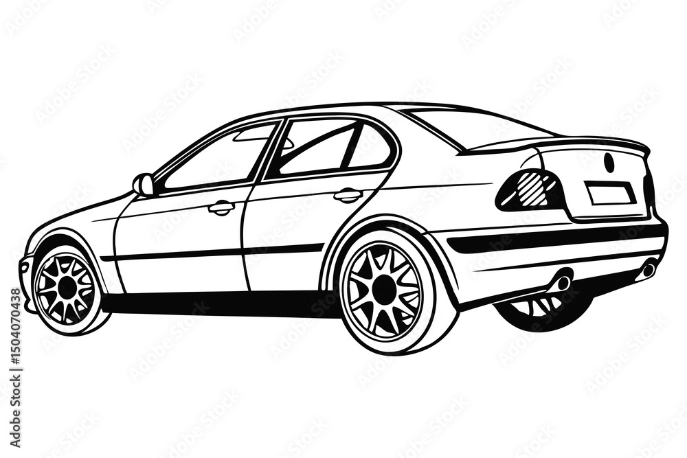 Fototapeta premium Illustration of a classic hatchback car, viewed from the rear and side. Perfect for retro themed designs, coloring pages, posters and digital artwork.