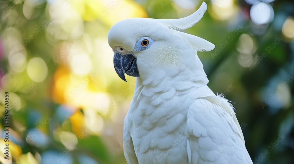 Close-up portrait of a white cockatoo parrot featuring detailed feathers and expressive eye in natural light Close-up portrait of a white cockatoo parrot featuring detailed feathers and expressive eye in natural light