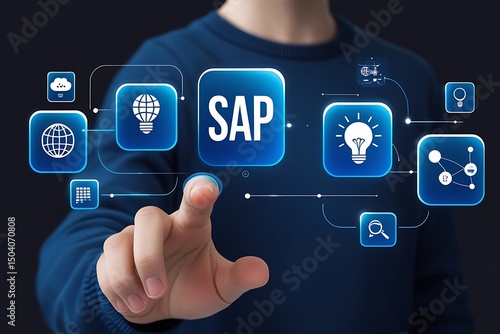 Person interacting with sap software interface showing global network and innovation