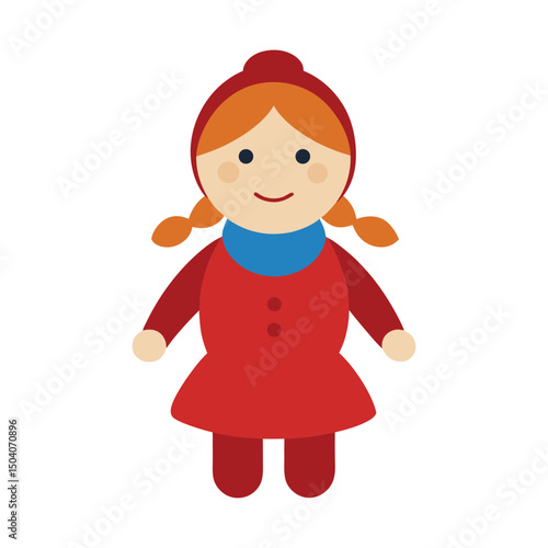 Cute flat vector illustration of a girl doll with red dress