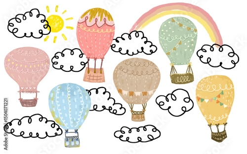 Set of cute colorful pastel color scandinavian nordic boho bohemian hot air balloons with bunting flag in the sky cloud rainbow sun doodle kids crayon watercolor illustration air transportation design