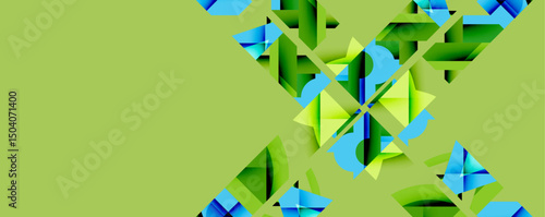 Abstract geometric shapes dominate right side. Green background provides contrast. Modern design elements suggest digital art creation.