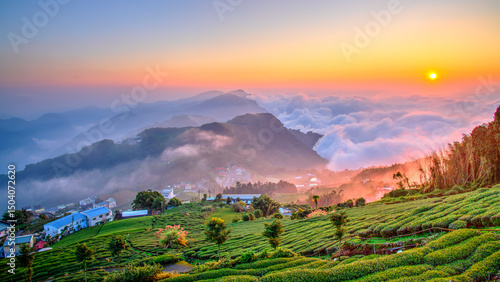 Fotografie Sunset with Sea of Cloud, Alishan National Park, Taiwan