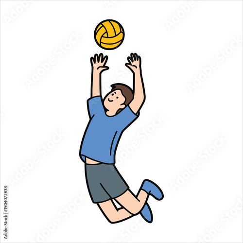 Illustrated volleyball player jumping to spike or block ball on a white background