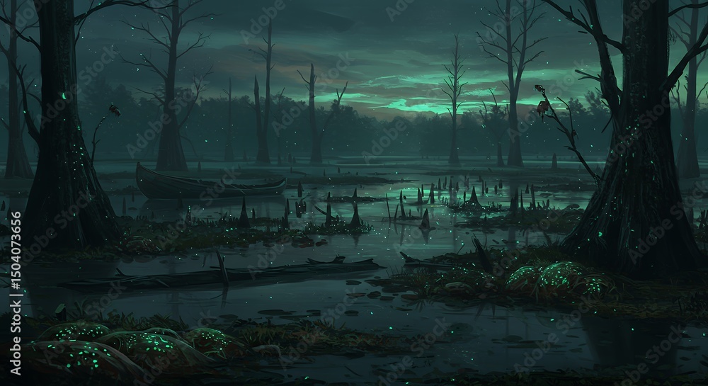 Obraz premium Dark Swamp with Boat and Glowing Plants