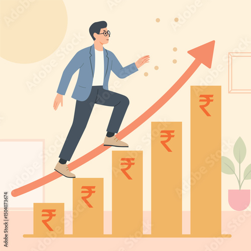 A character climbs an upward financial chart with rupee symbols, symbolising steady investment growth and long-term returns