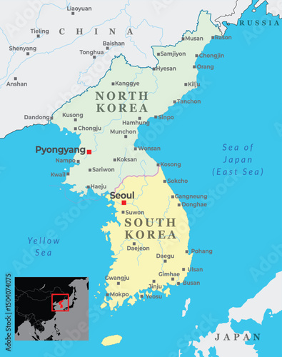 A detailed map of North and South Korea, highlighting provinces, major cities, and neighboring countries