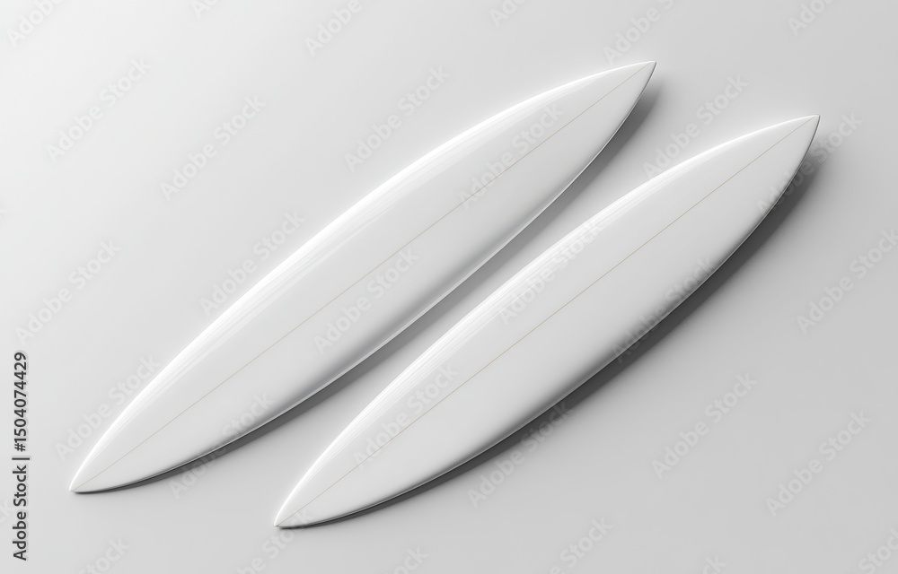 Obraz premium Top view of two white surfboards mockup, isolated on a light background with soft shadows and highlights for a creative design template. 3D rendering illustration, high-resolution photography, stock p