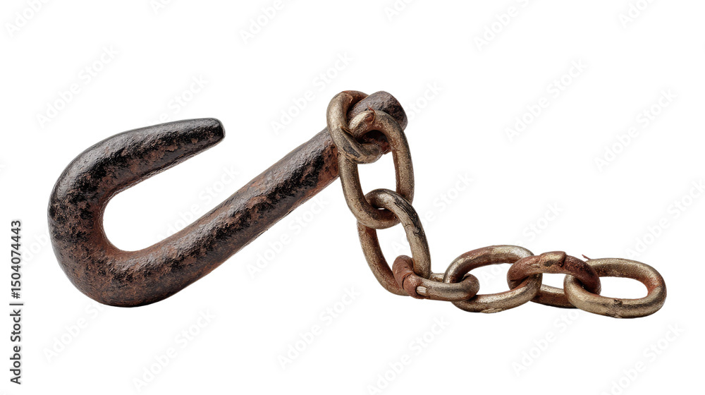 Obraz premium Rusty hook and chain: A close-up shot of a rustic, weathered iron hook linked to a sturdy chain, their aged texture a testament to enduring strength and timeless utility.