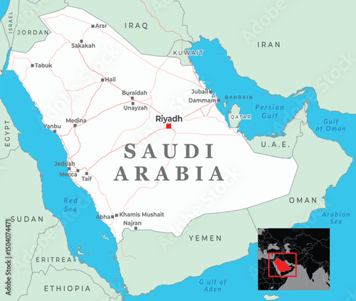 A detailed map of Saudi Arabia, highlighting its provinces, major cities, and neighboring countries, including UAE, Oman, Yemen, Iraq, Jordan, and Kuwait