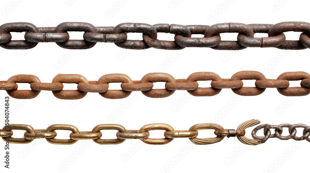 Obraz premium Chains of Strength and Bond: Three distinct, weathered metal chains symbolize connection, strength, and the passage of time, each link telling a story of enduring resilience. 