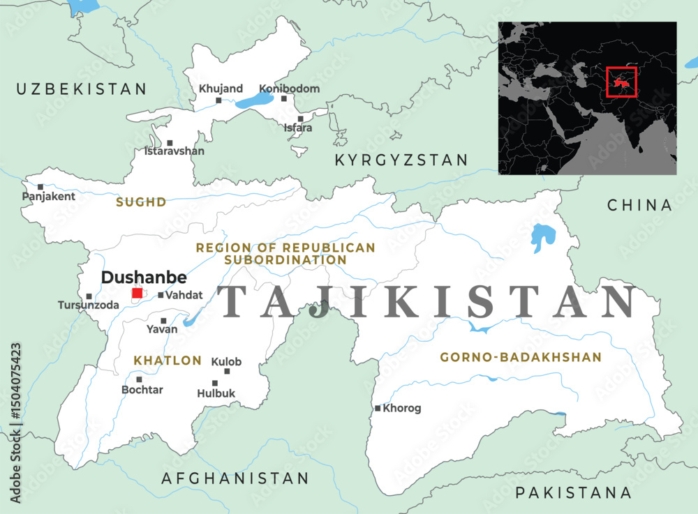 Obraz premium A detailed map of Tajikistan, showcasing the geography, cities, and international borders