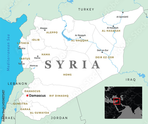 A detailed map of Syria, showcasing its geographical location, major cities, and neighboring countries