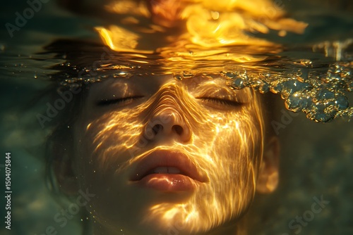 portrait of_a person submerged in golden water_