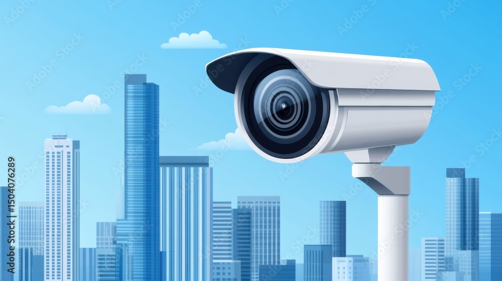 Modern Surveillance Camera Overlooking Urban Cityscape with Skyscrapers Modern Surveillance Camera Overlooking Urban Cityscape with Skyscrapers