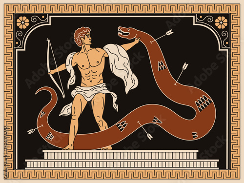 Ancient Greek-style illustration of the god Apollo battling the serpent Python. Classic mythological scene framed with traditional Greek ornamental borders.