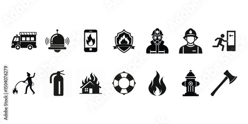 Fire Department and Fire Safety Icons Set - Essential Emergency Services and Protection Symbols