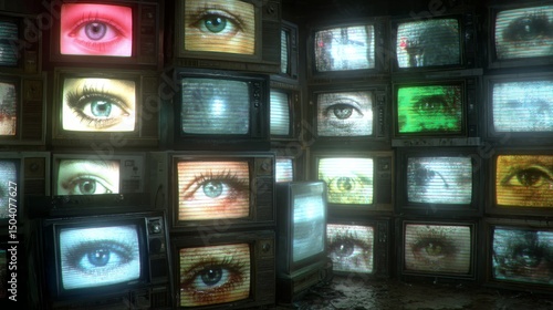 Surreal wall of vintage TVs displaying human eyes in a dark room setting.