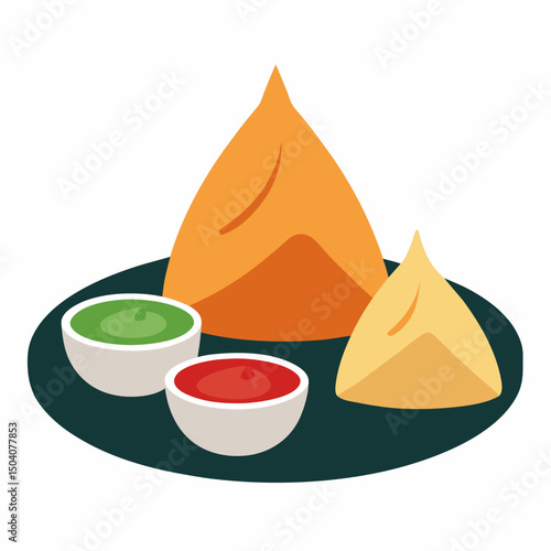 Samosa on board with sauces in bowl vector on white background.