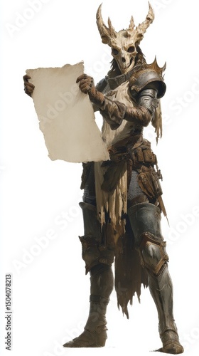 Dark fantasy warrior in bone helmet holding blank parchment scroll on white background.