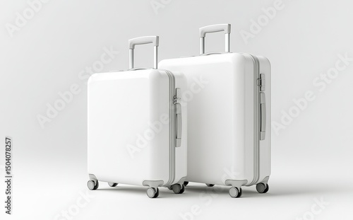 White blank suitcase luggage mockup set, isolated on a white background. Minimalist design with two plastic suitcases standing side by side. High-resolution product photo. 