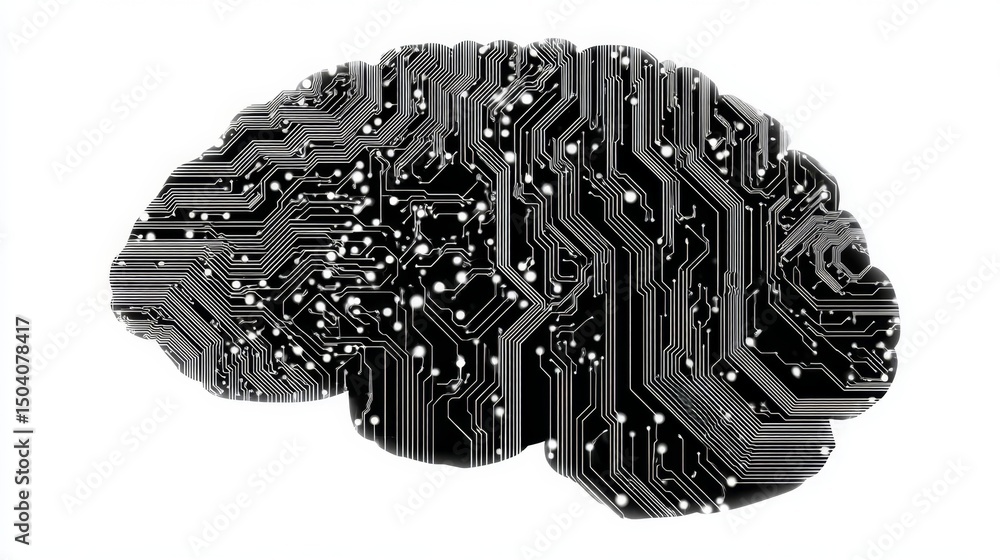 Obraz premium Human brain shape filled with black microchip circuit pattern on white background.