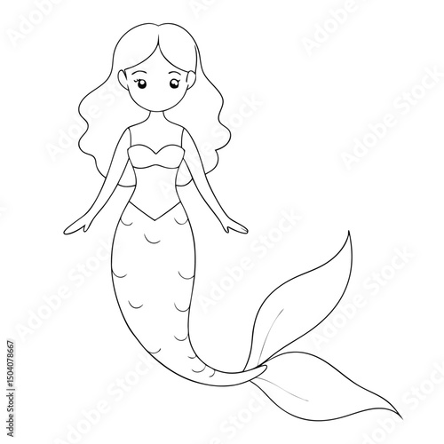 Cartoon mermaid figure with long wavy hair and stylized tail is seen clearly