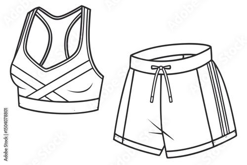 Illustrated black and white outline of a sports bra and shorts ready for a workout activity