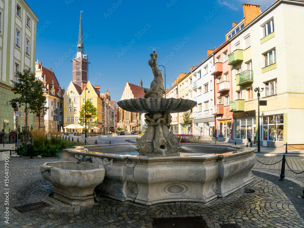Fototapeta premium 2024-08-11; city ​​fountain historical part of the city Nysa, Poland