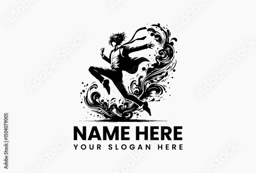 Dynamic vector logo silhouette of a man in a suit actively dancing with abstract paint splashes. Artistic expression concept