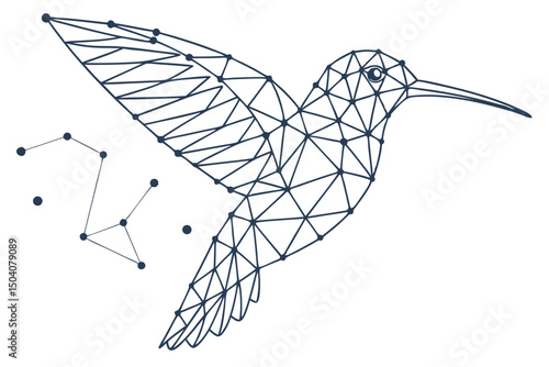 Geometric line art hummingbird design in flight with dot connections and abstract constellation elements