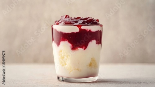 Rice pudding layered with jam in a glass cup, chilled and set against a neutral background