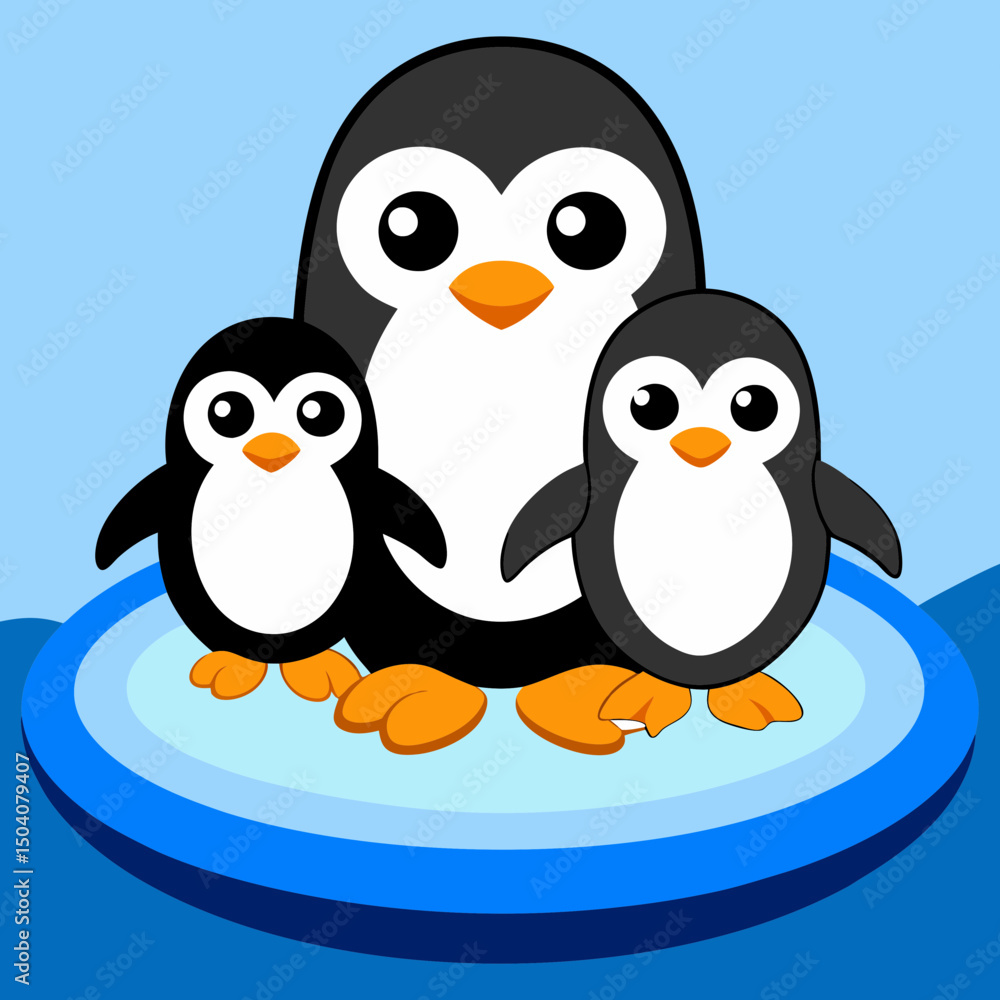 Naklejka premium Cute penguin family standing together on a snowy ice floe, perfect for winter and wildlife themes