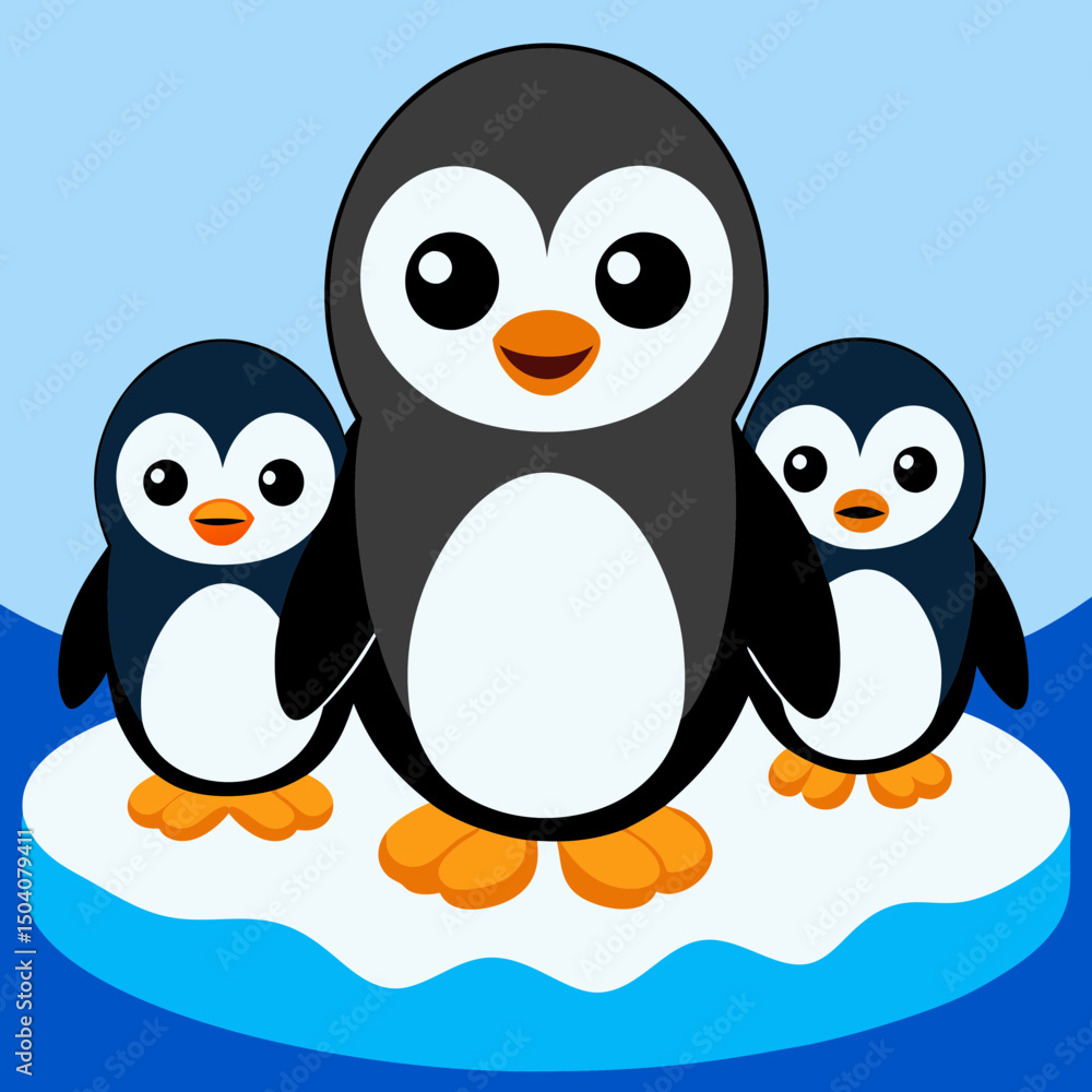 Naklejka premium Cute penguin family standing together on a snowy ice floe, perfect for winter and wildlife themes