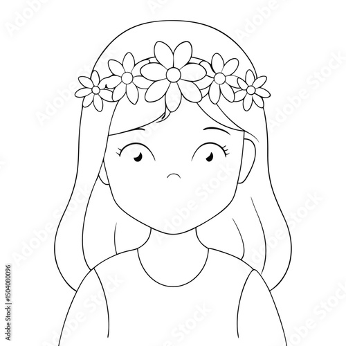 Line art depicts an Asian girl wearing a daisy flower crown looking sideways