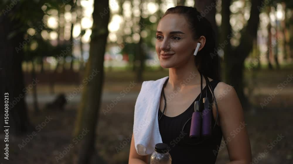 A young woman enjoys engaging in outdoor exercise, fully equipped with earphones and a water bottle for hydration A young woman enjoys engaging in outdoor exercise, fully equipped with earphones and a water bottle for hydration