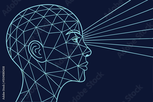 Futuristic depiction of a human head with geometric design and emanating rays of light concept
