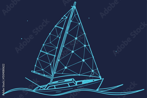 Elegant line art illustration of a sailing yacht floating on the calm sea at night