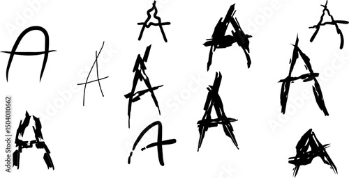 Collection of stylized anarchist "A" symbols drawn in various grunge, abstract, and expressive brushstroke styles on a white background. Ideal for punk, rebellion, or subculture-themed design.