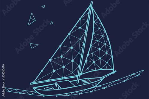 Digital illustration of a sailboat sailing on the ocean in a modern minimalist geometric blue design