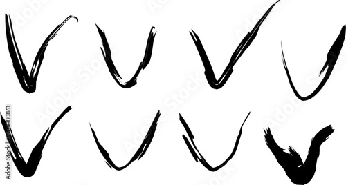Collection of stylized anarchist "V" symbols drawn in various grunge, abstract, and expressive brushstroke styles on a white background. Ideal for punk, rebellion, or subculture-themed design.
