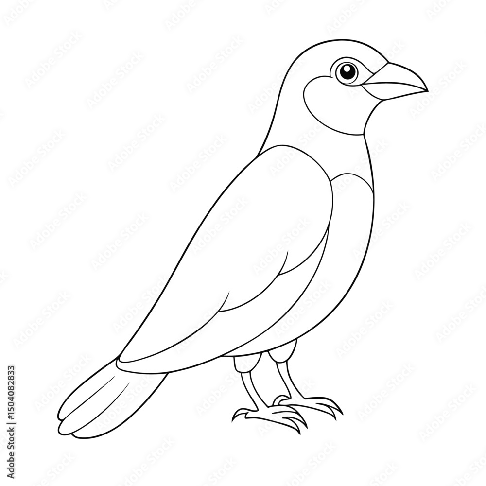 Fototapeta premium Outlined raven stands alone facing right on a white background, creating a stark contrast