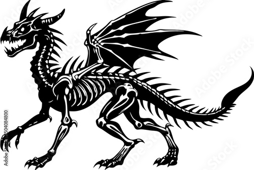Majestic Skeletal Dragon Illustration Black and White Design, dragon, skeleton, black, white, mythology, wisdom, powerful, mysterious, magical, mystery, tattoo, legend, horror, scary, wings, bones, st