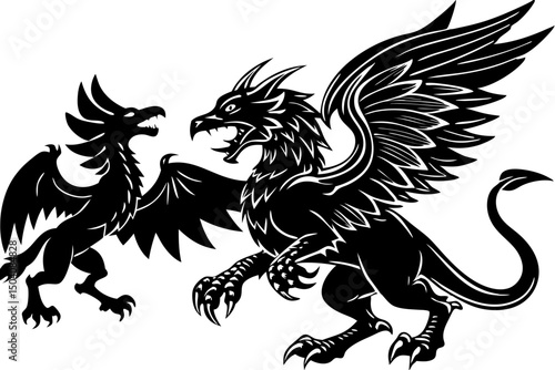 Majestic Griffon and Wyvern Black and White Mythical Creatures Illustration, griffin, wyvern, mythical, creatures, black, white, mythology, tale, story, symbolic, powerful, visual, magical, legend