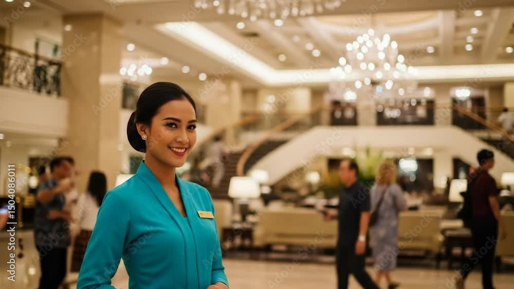 Smiling Hotel Receptionist in Teal Uniform Welcomes Guests in Luxurious Lobby Smiling Hotel Receptionist in Teal Uniform Welcomes Guests in Luxurious Lobby