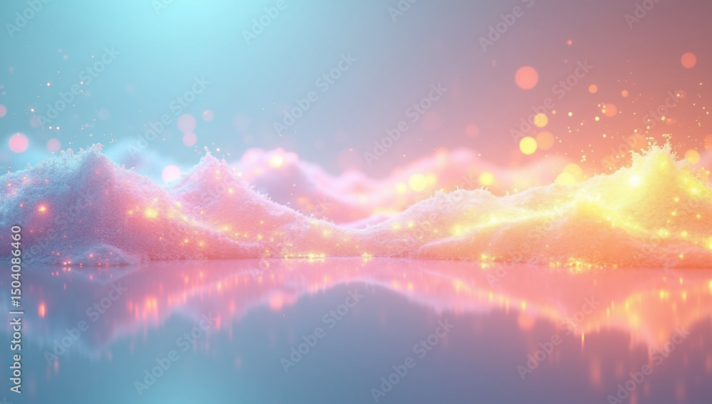 Fototapeta premium Dreamy Landscape Pastel Mountains Water Reflection Fantasy Scenery Soft Light Bokeh Abstract Art Digital Illustration