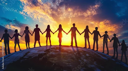 Silhouetted diverse group of people holding hands on globe at sunrise, representing unity, community, global connection, and social issues with bright sunset.