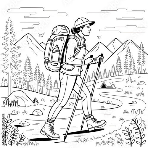 trekking illustration vector style coloring page