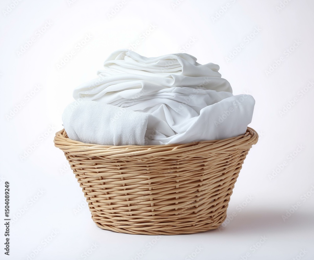 Obraz premium A wicker basket filled with neatly folded white linens for a clean, organized look.