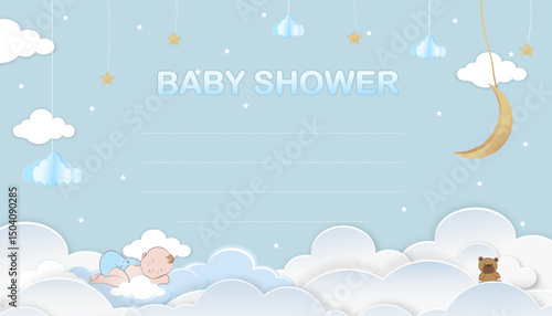 Baby boy shower invitation on blue background,greeting card.Paper art abstract origami cloudscape, crescent moon, stars on sky,Cute paper cut for baby kid new born celebration and copy space for text